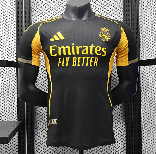 Player Version 25/26 Real Madrid Black with Gold Accents and Emirates Sponsor Jersey