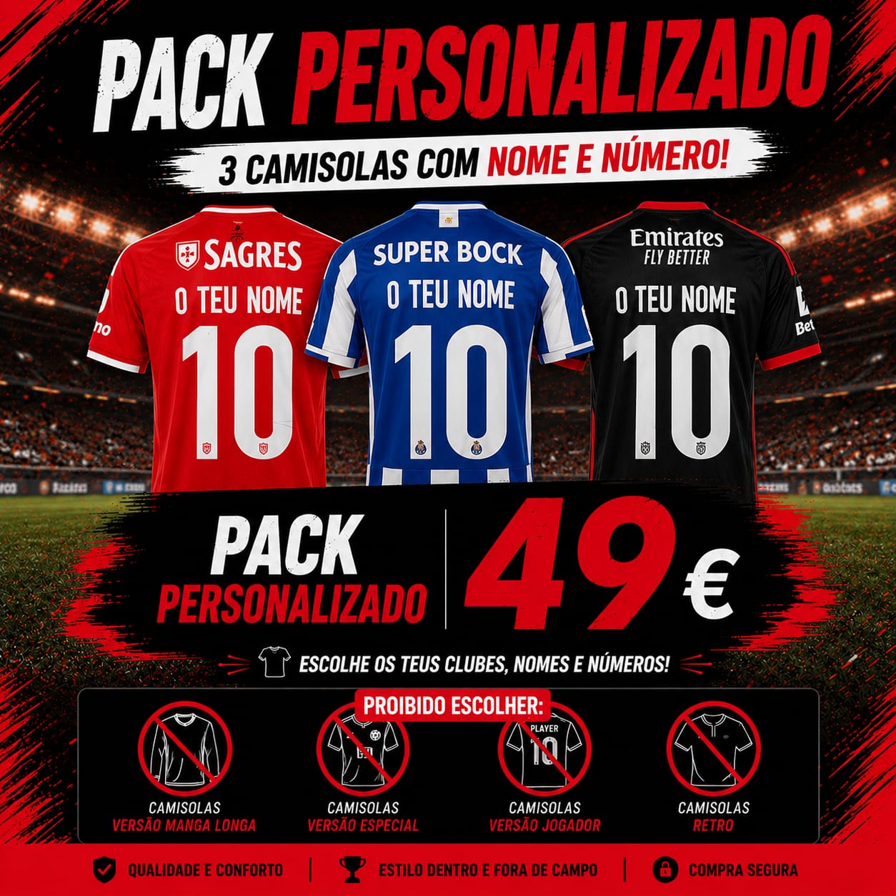 3 CAMISOLAS COM NOME E NÚMERO INCLUÍDOS = 49€ (Ler descrição)