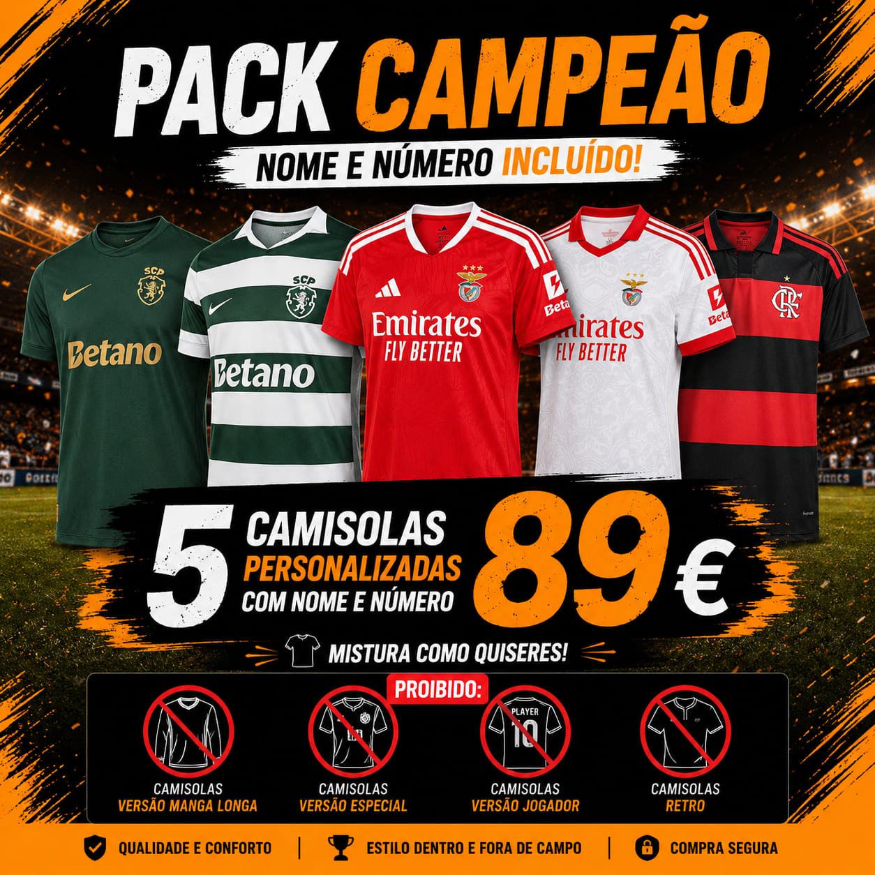 5 CAMISOLAS COM NOME E NÚMERO INCLUÍDO = 89€ (Ler descrição)